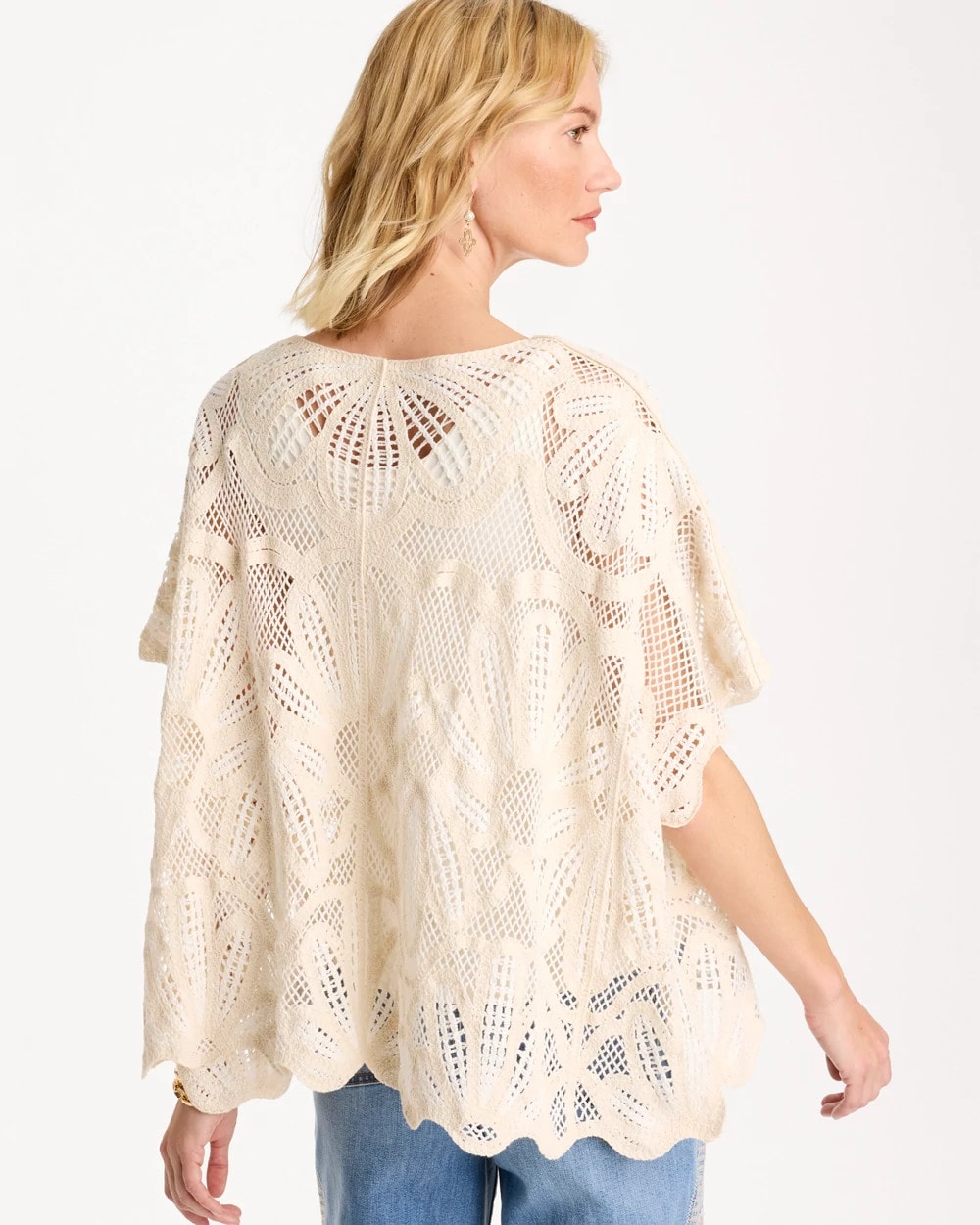 Chico's | Woven Cotton-Blend Crochet Lace Poncho/ Ecru
