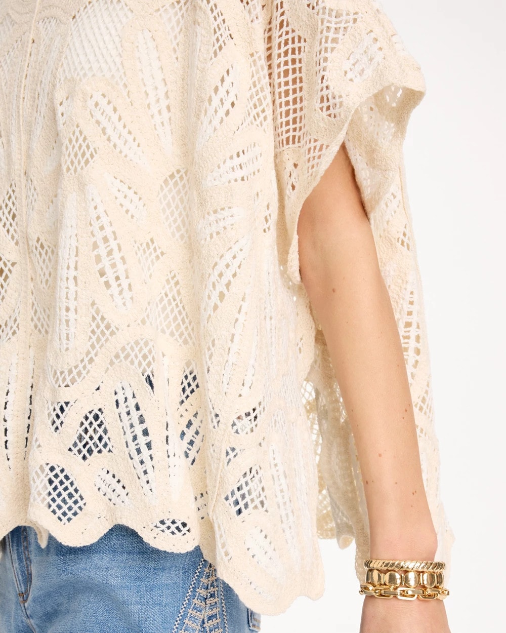 Chico's | Woven Cotton-Blend Crochet Lace Poncho/ Ecru