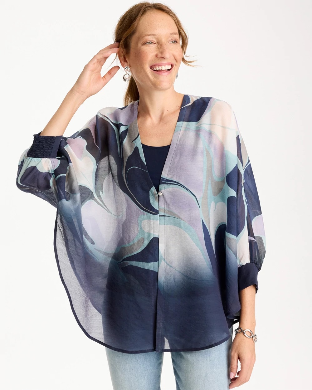 Chico's | Woven Printed Cocoon Ruana/ Passport Blue