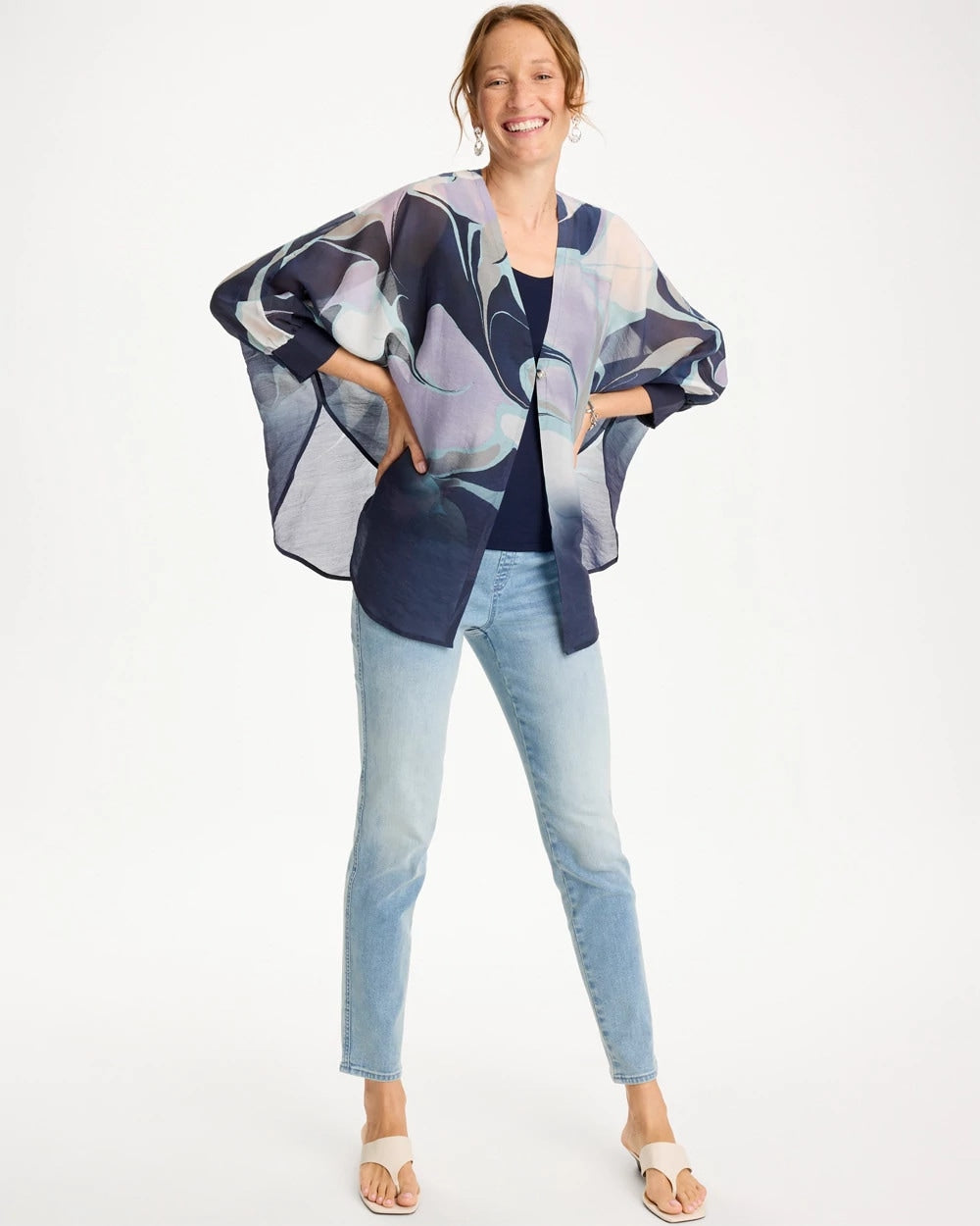 Chico's | Woven Printed Cocoon Ruana/ Passport Blue