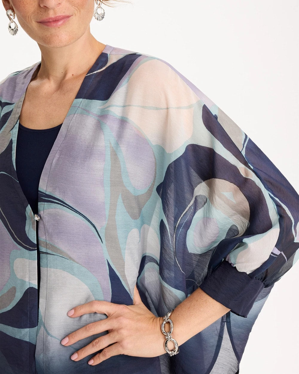 Chico's | Woven Printed Cocoon Ruana/ Passport Blue