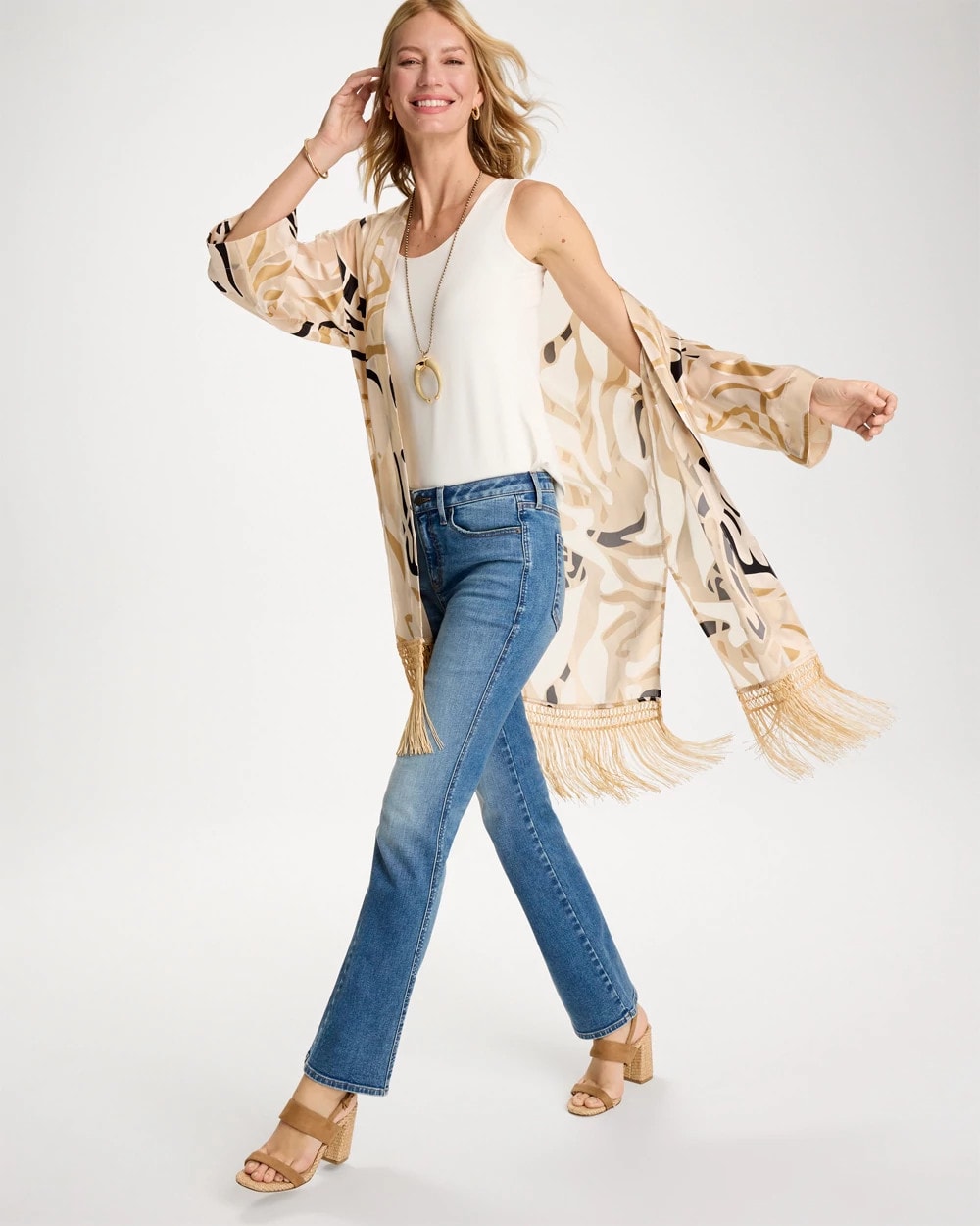 Chico's | Woven Long Fringed Kimono/ Neutral