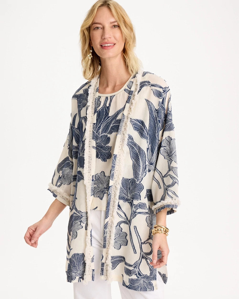 Chico's | Cotton Jacquard Fringed Kimono/ Blue