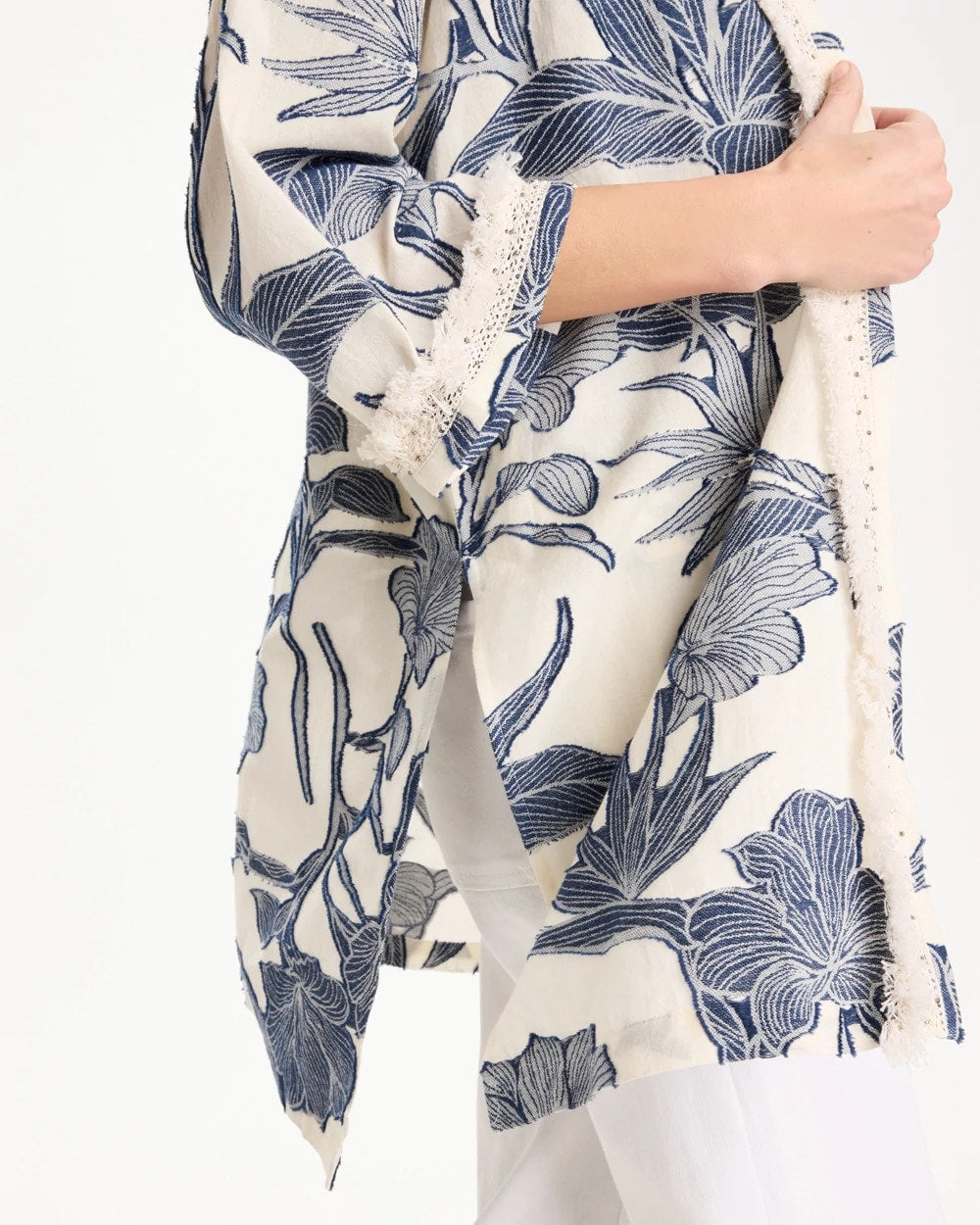 Chico's | Cotton Jacquard Fringed Kimono/ Blue