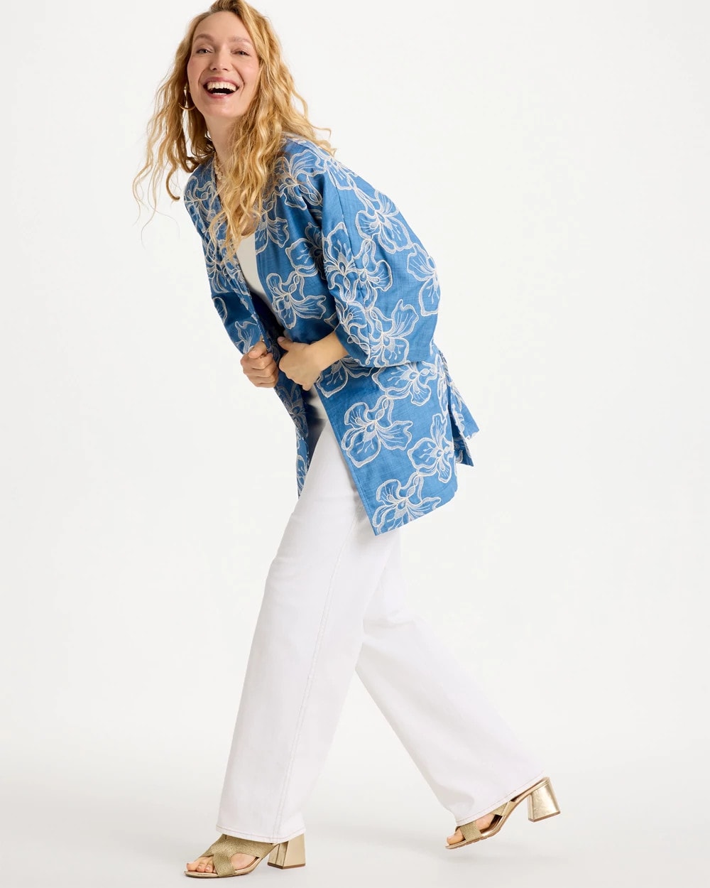 Chico's | Woven Embroidered Belted Kimono/ Denim