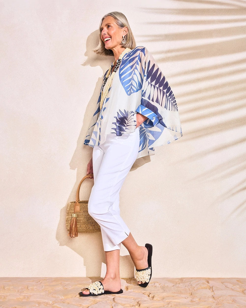 Chico's | Palm Frond Short Poncho/ Passport Blue
