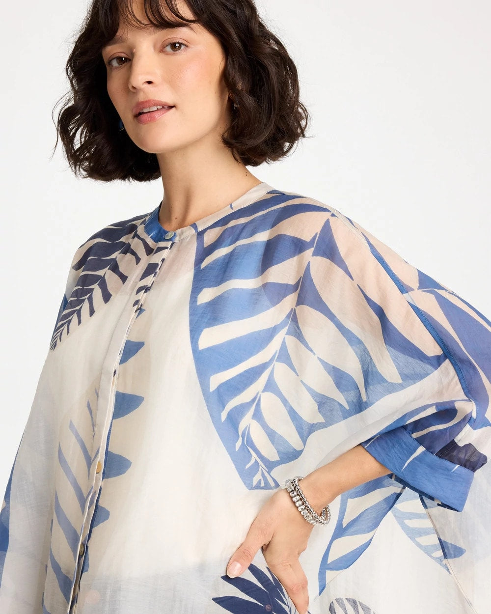 Chico's | Palm Frond Short Poncho/ Passport Blue