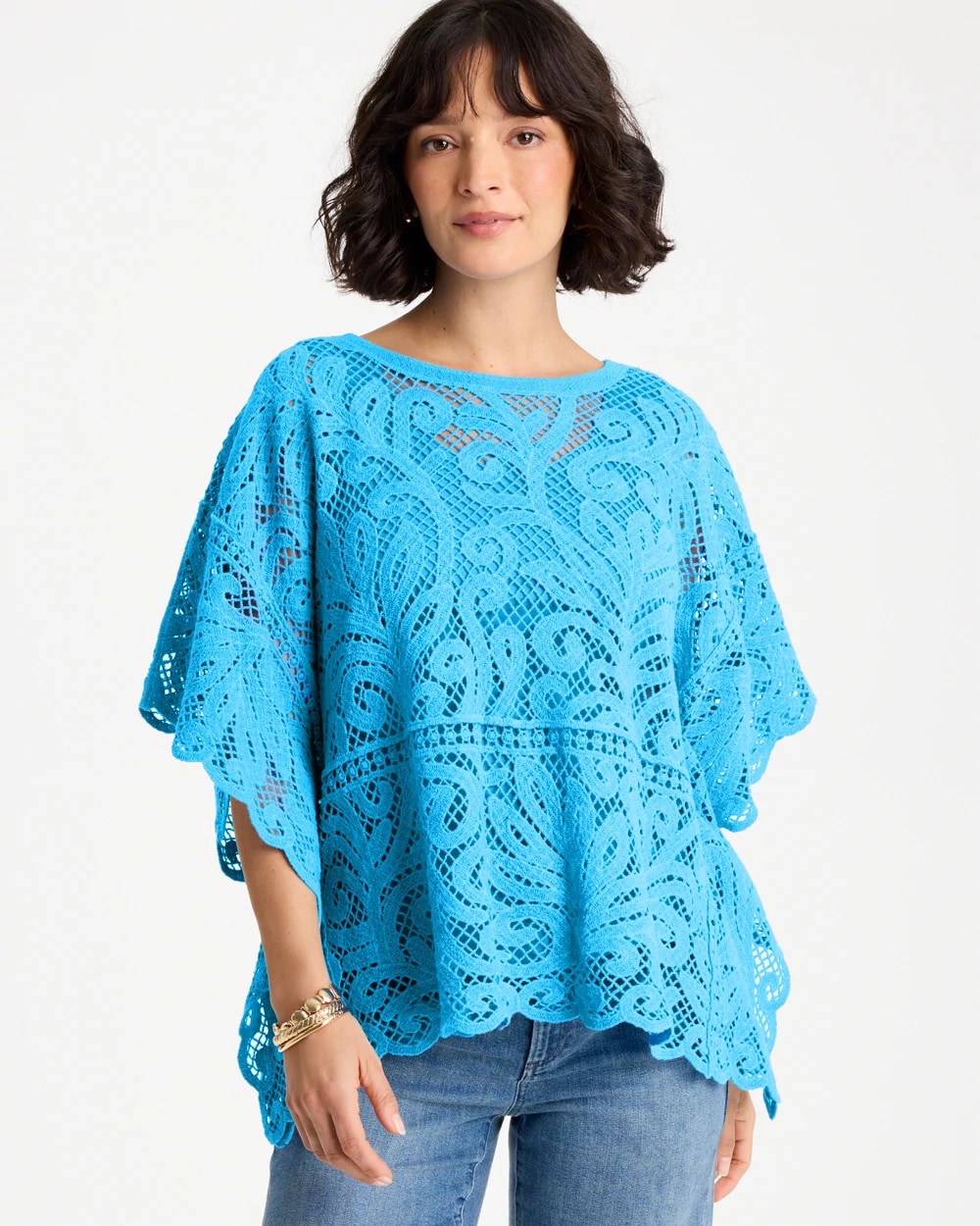 Chico's | Cotton Crochet Lace Poncho/ Blue Tide