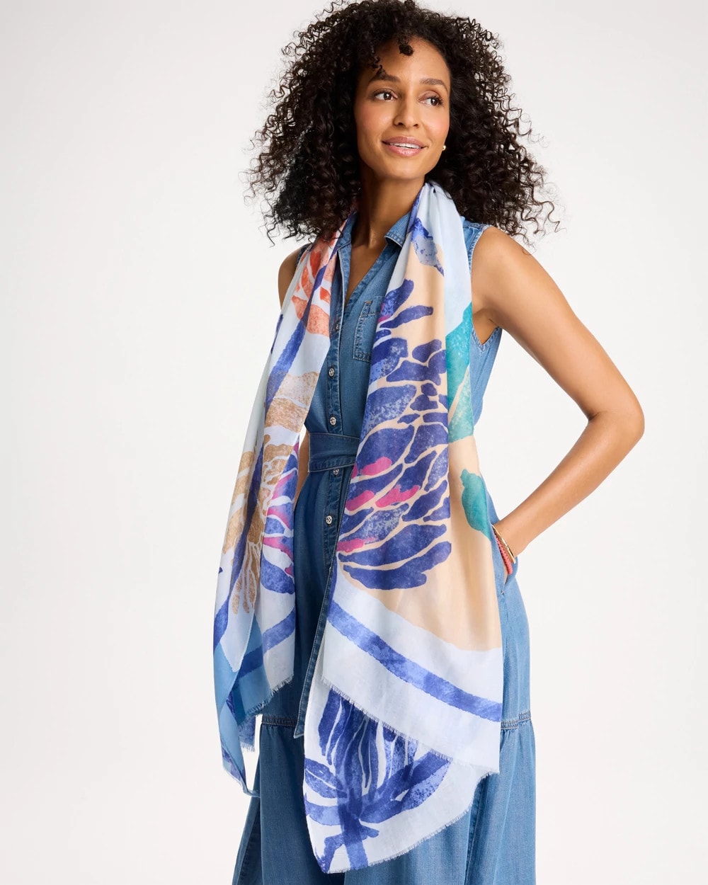 Chico's | Coral Motif Oblong Scarf/ Blue