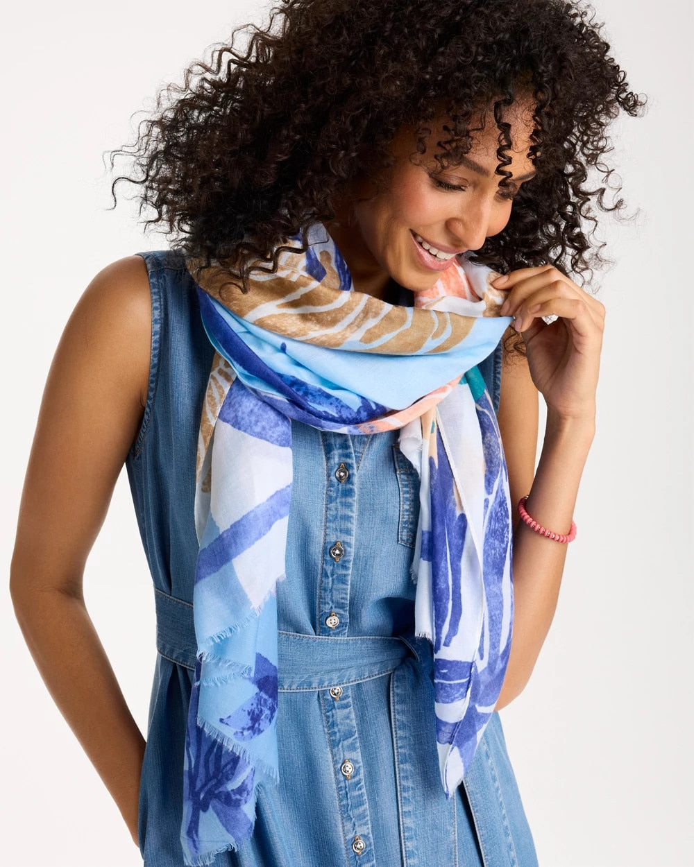 Chico's | Coral Motif Oblong Scarf/ Blue