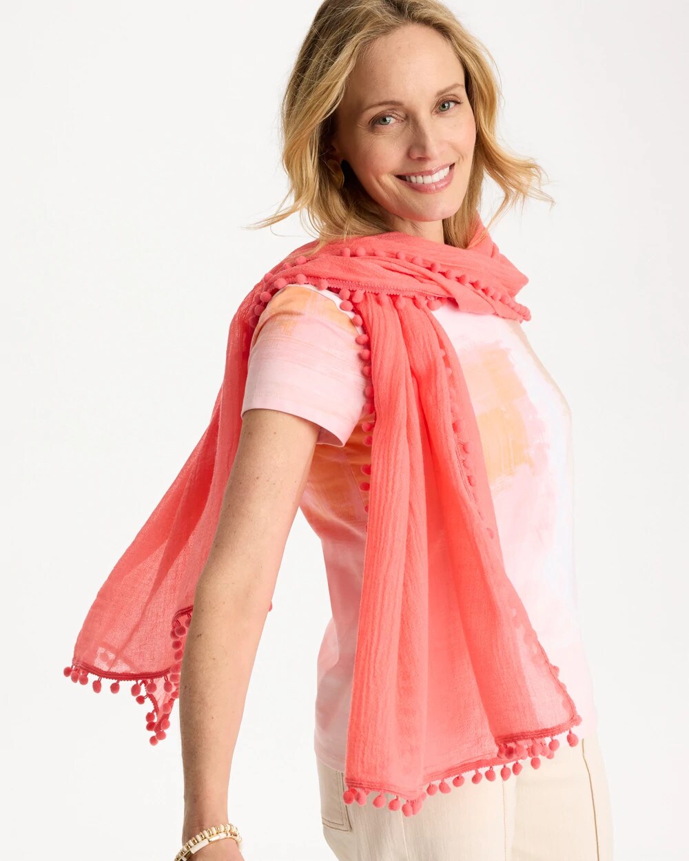 Chico's | Pom Pom Oblong Scarf/ Calypso Coral