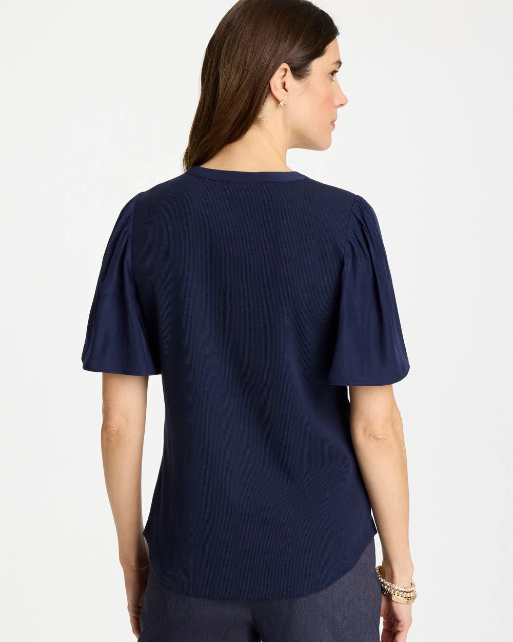 Chico's | Rib Knit Woven Flutter Sleeve Tee/ Passport Blue