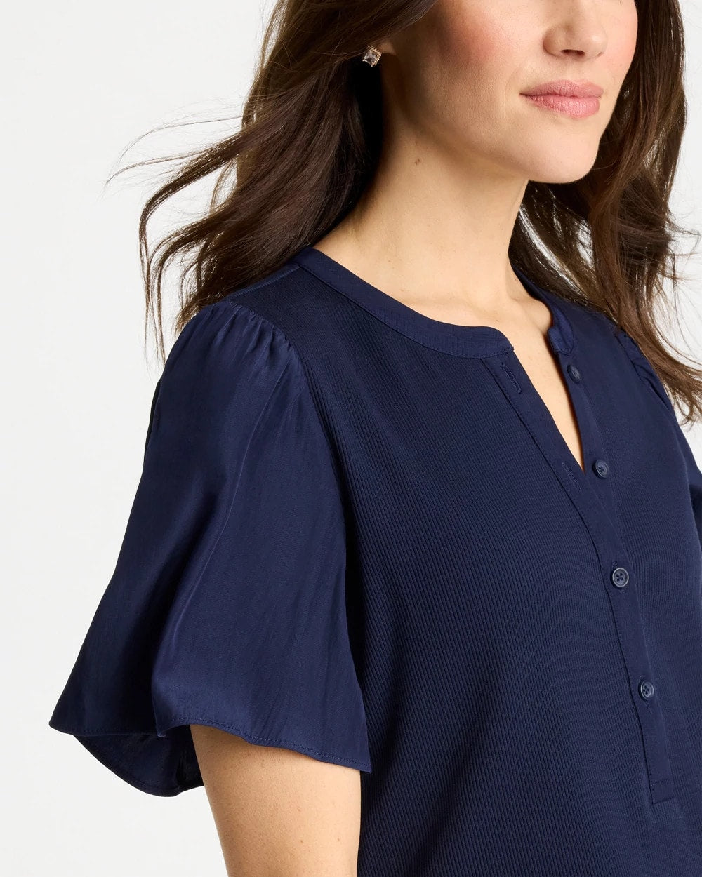 Chico's | Rib Knit Woven Flutter Sleeve Tee/ Passport Blue
