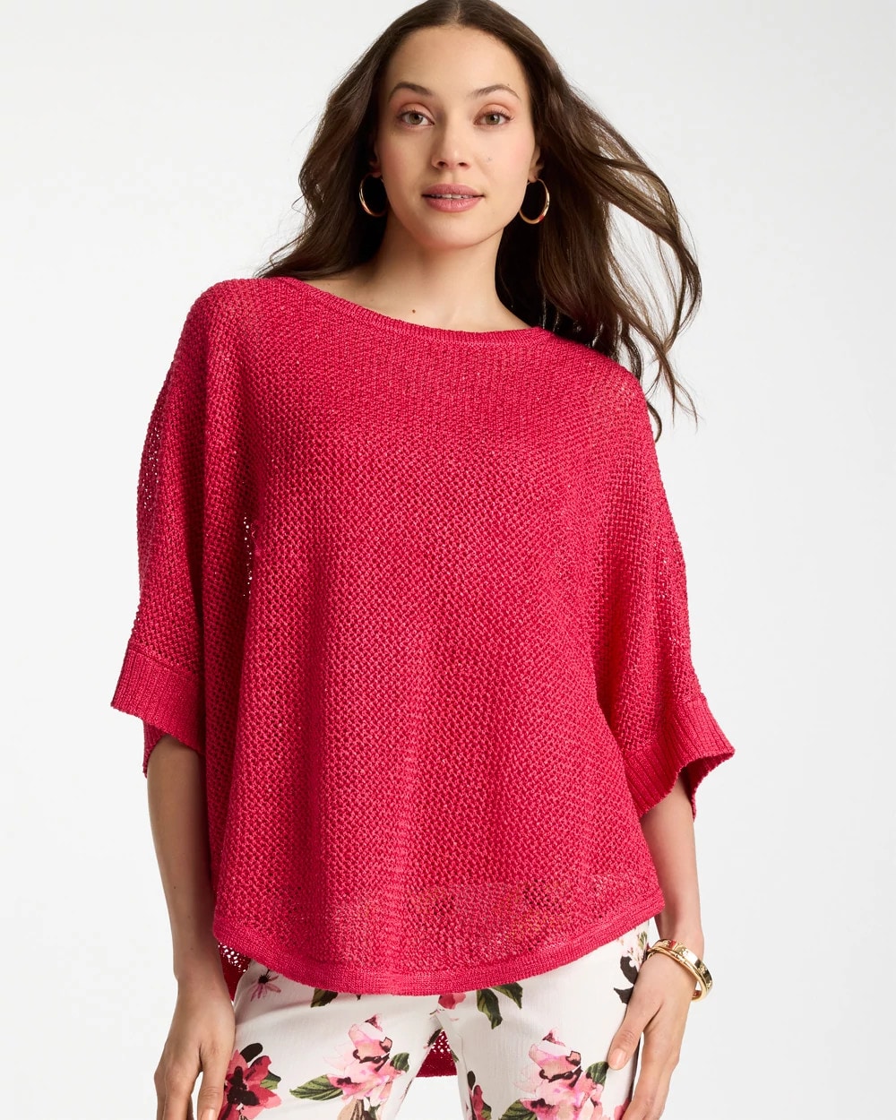 Chico's | Sequin Boatneck Rounded Hem Poncho/ Hot Honeysuckle