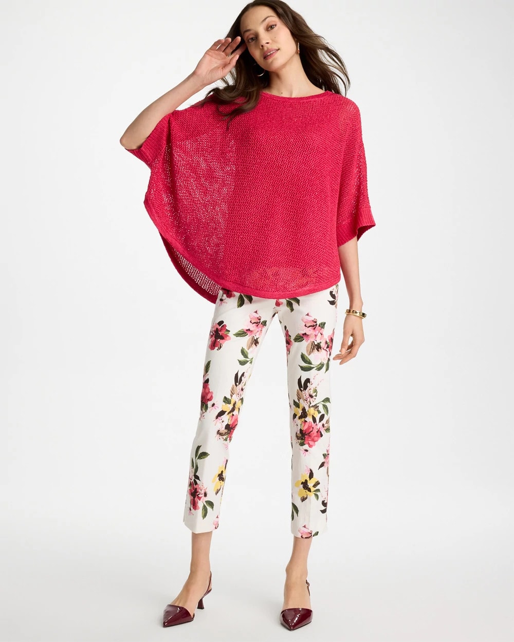 Chico's | Sequin Boatneck Rounded Hem Poncho/ Hot Honeysuckle