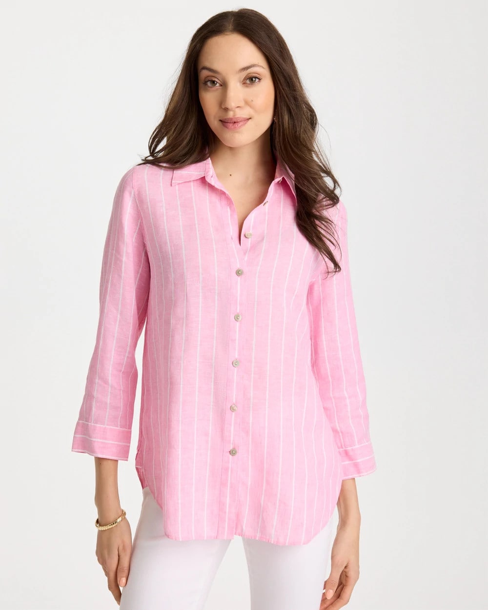 Chico's | No Iron™ Linen Striped Shirt/ Pink Pansy