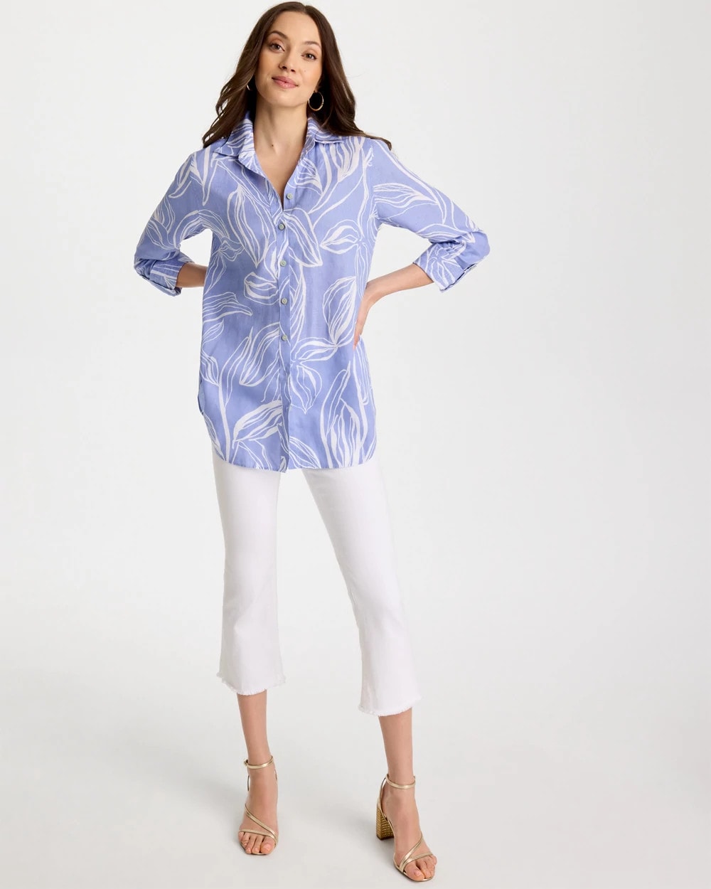 Chico's | No Iron™ Printed Linen Tunic/ Blue Orchid
