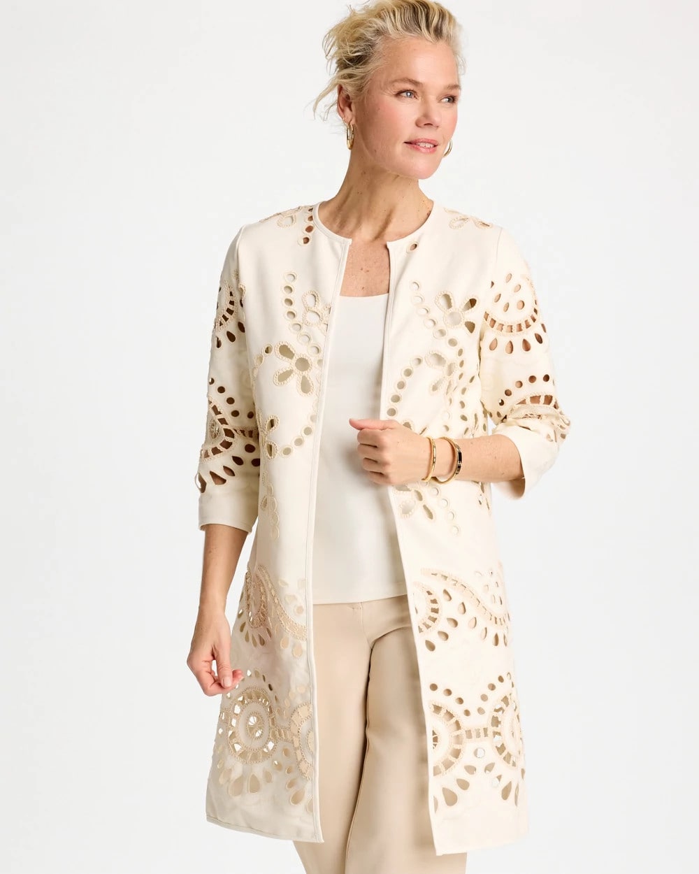 Chico's | Long Faux Leather Kimono/ Ecru