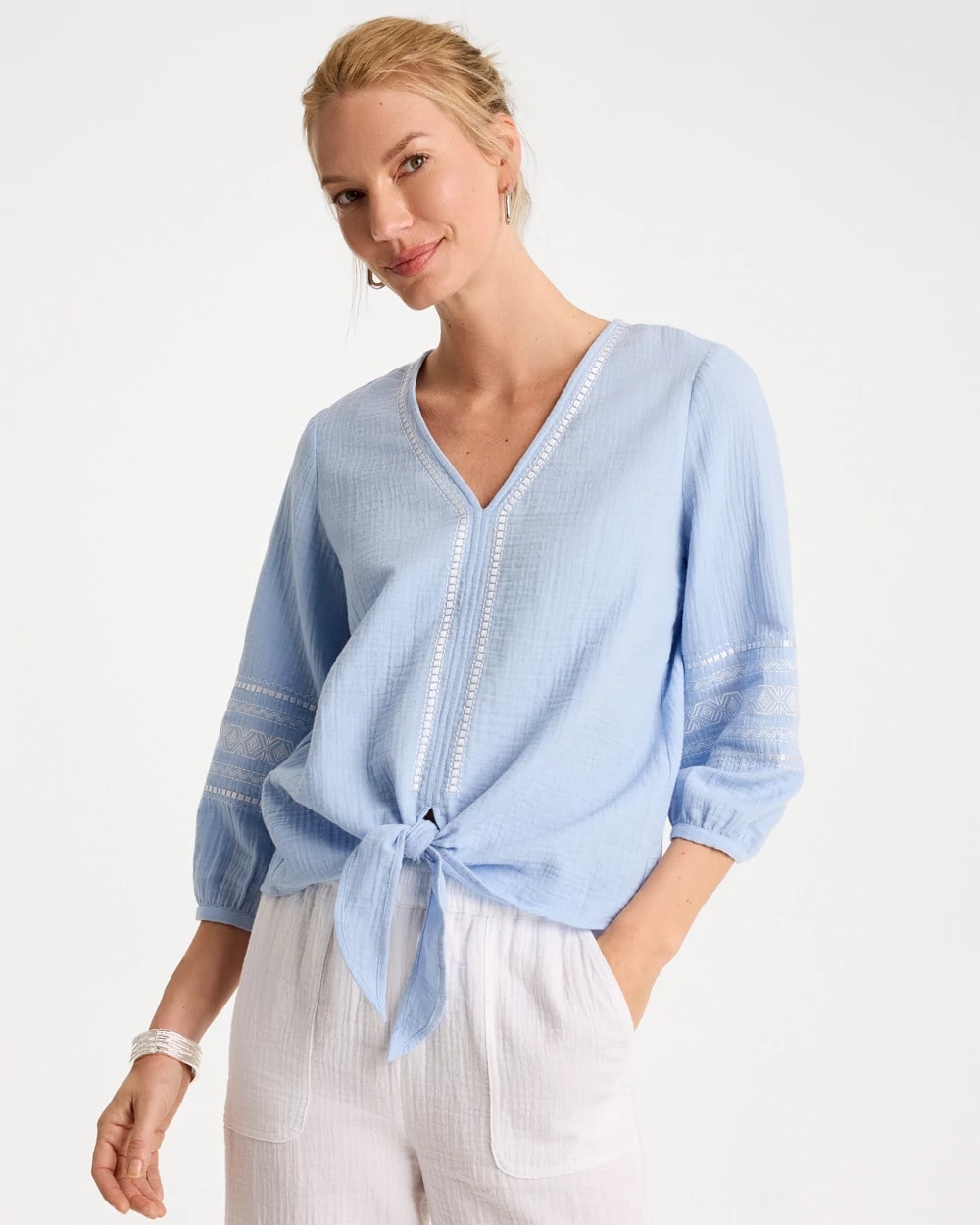 Chico's | Cotton Gauze Tie-Front Blouse/ Blue Haven