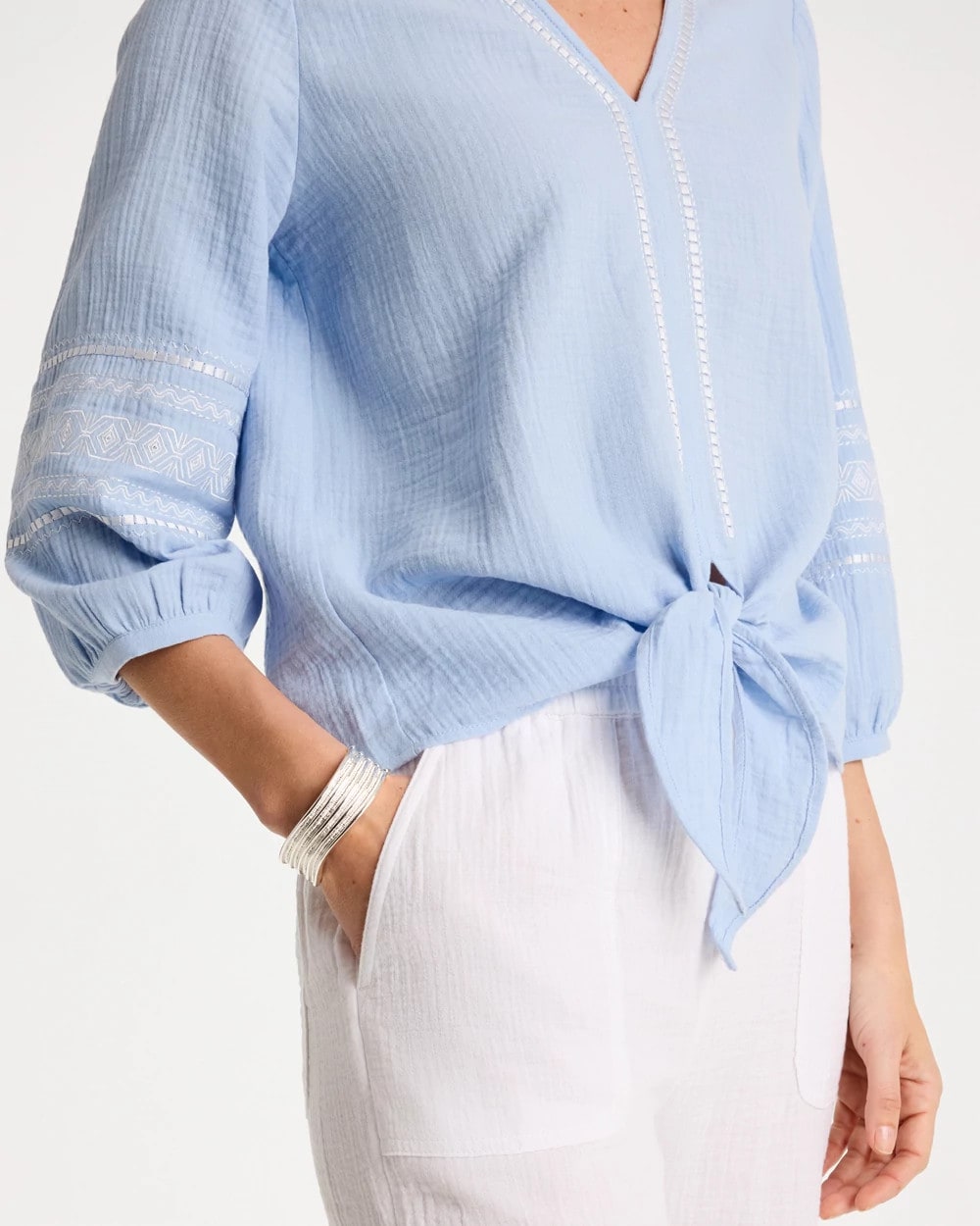 Chico's | Cotton Gauze Tie-Front Blouse/ Blue Haven