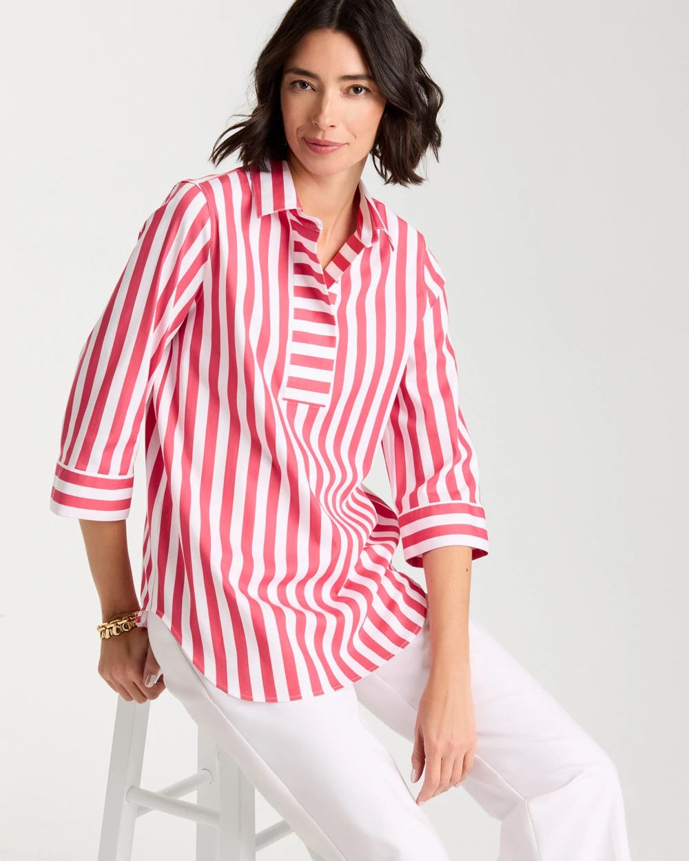 Chico's | No Iron™ Striped Stretch Tunic/ Hot Honeysuckle