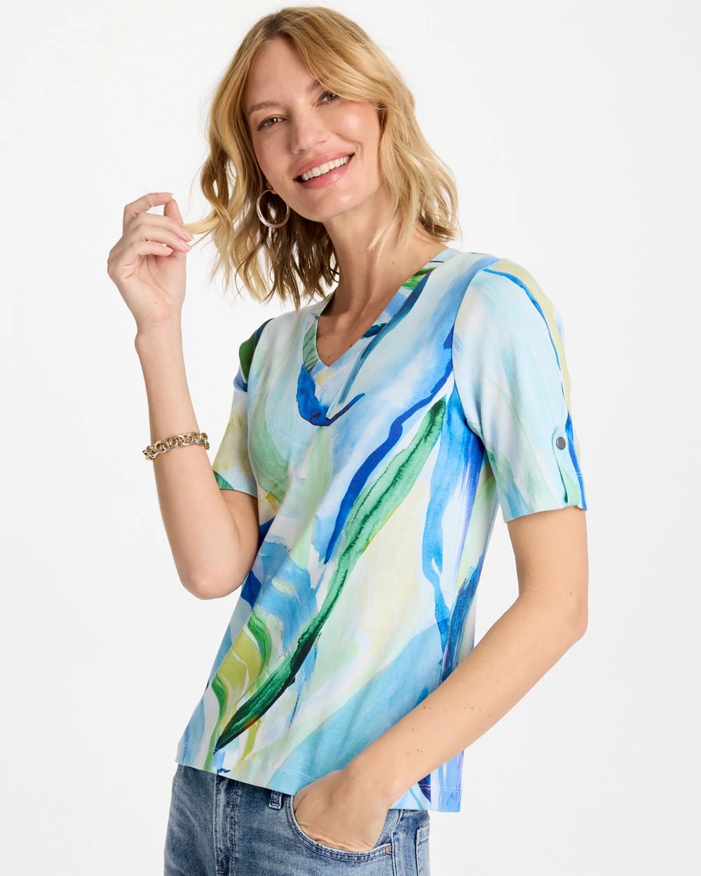 Chico's | Printed Pima V-Neck Tee/ Amparo Blue