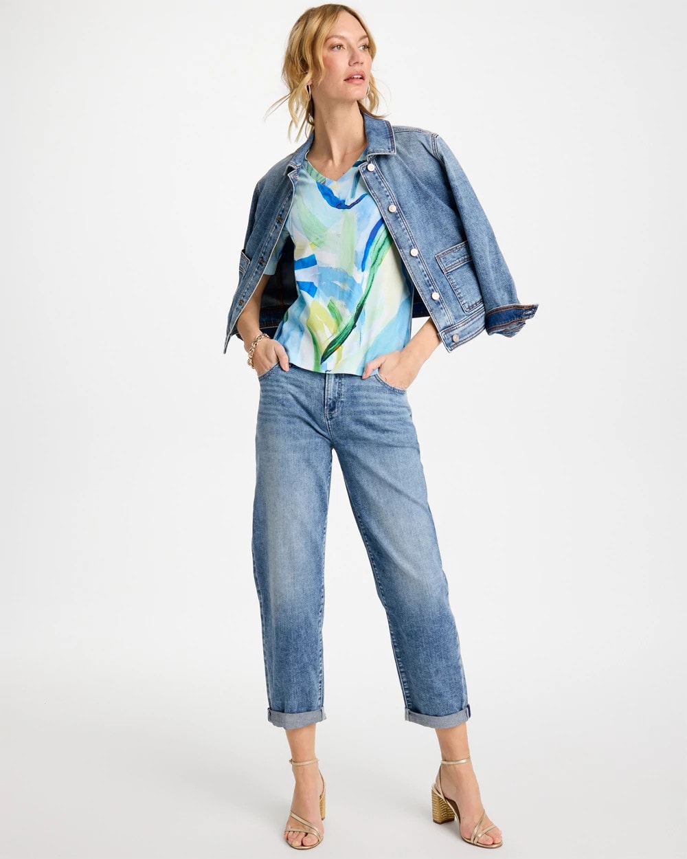 Chico's | Printed Pima V-Neck Tee/ Amparo Blue