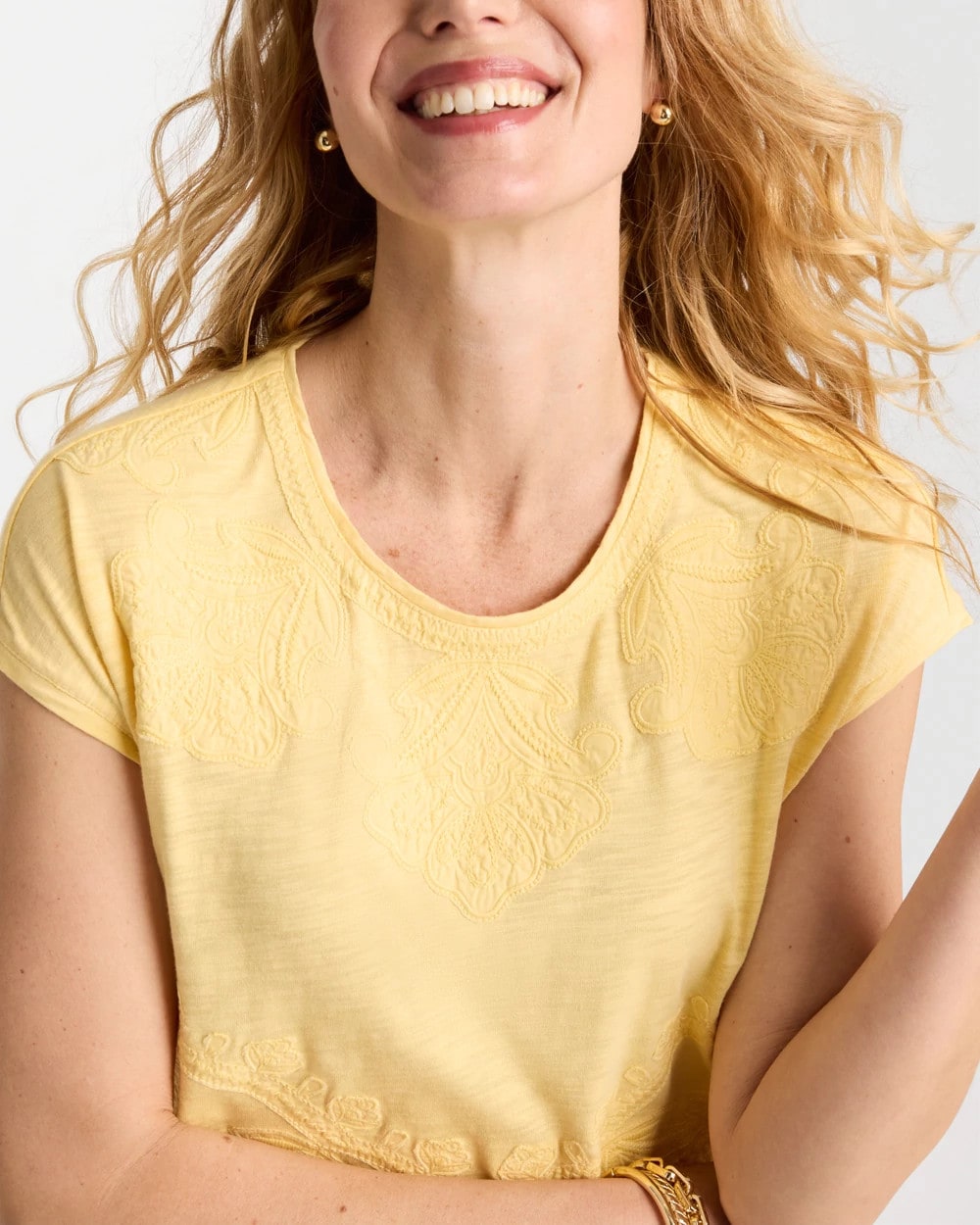 Chico's | Monochrome Embroidered Cap-Sleeve Tee/ Golden Haze