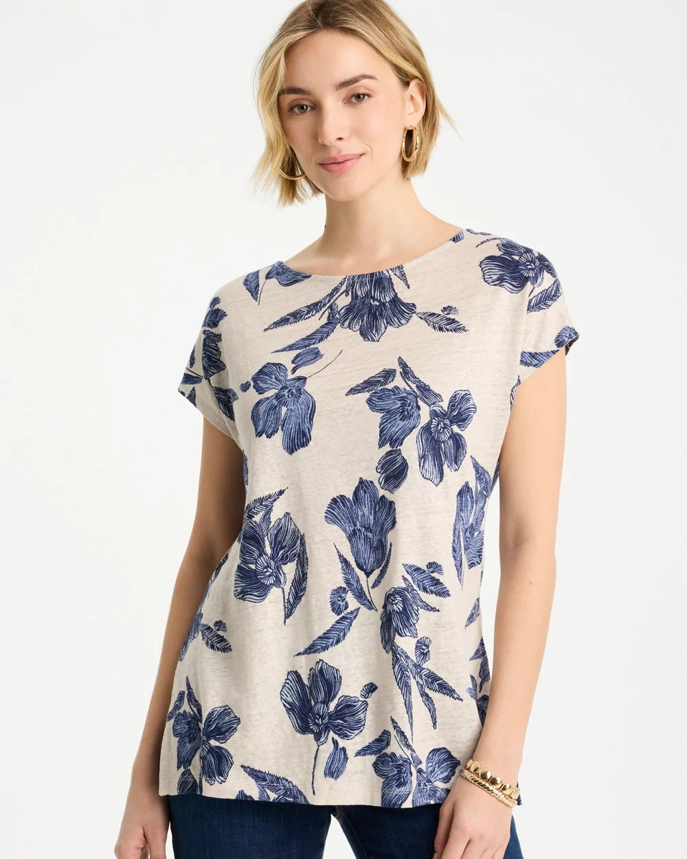Chico's | Floral Linen Dolman Tee/ River Rock