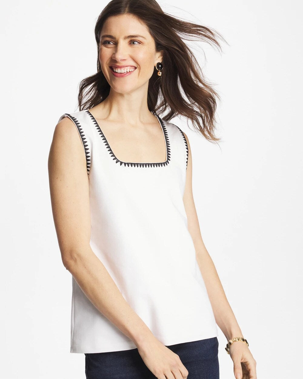 Chico's | Blanket Stitch Contour Cotton™ Square Neck Tank/ Alabaster