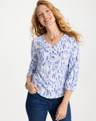 Chico's | Printed Puff Sleeve Slub Henley/ Amparo Blue