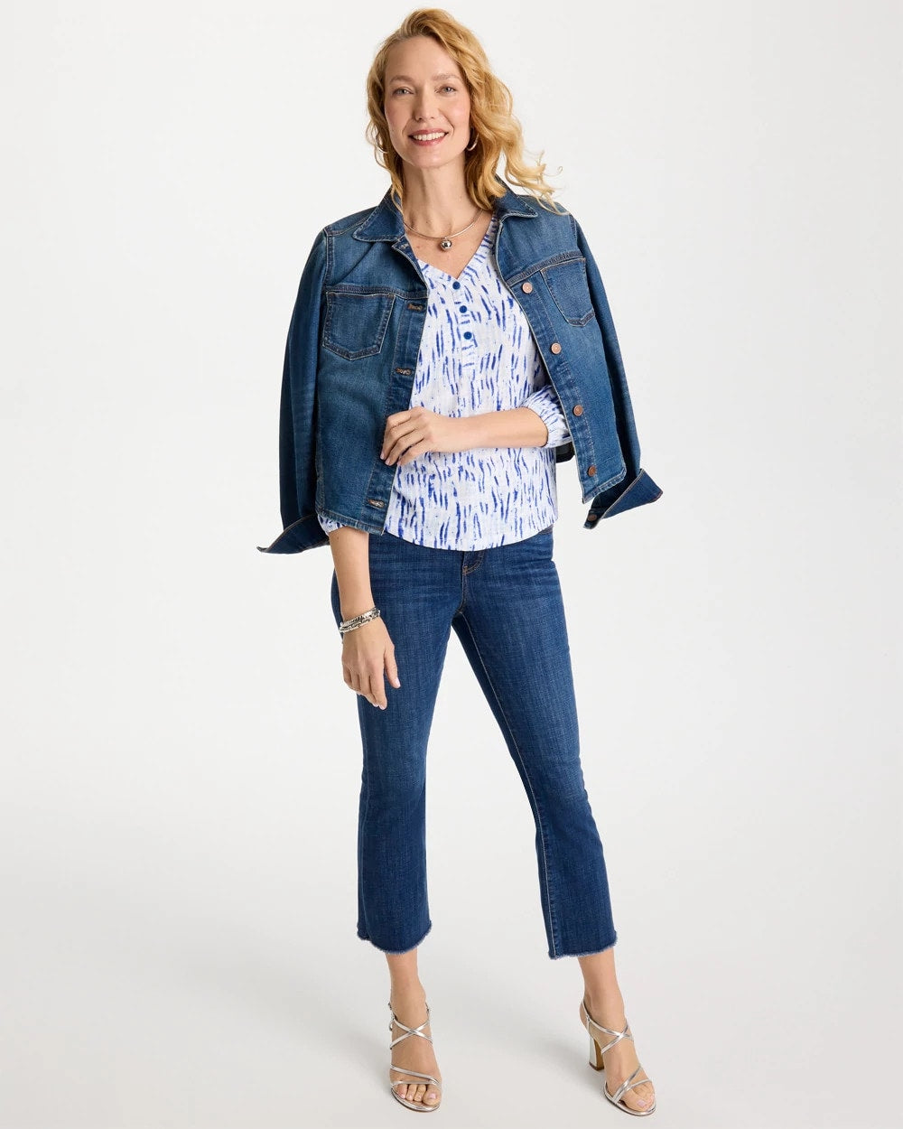 Chico's | Printed Puff Sleeve Slub Henley/ Amparo Blue
