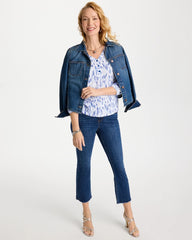Chico's | Printed Puff Sleeve Slub Henley/ Amparo Blue