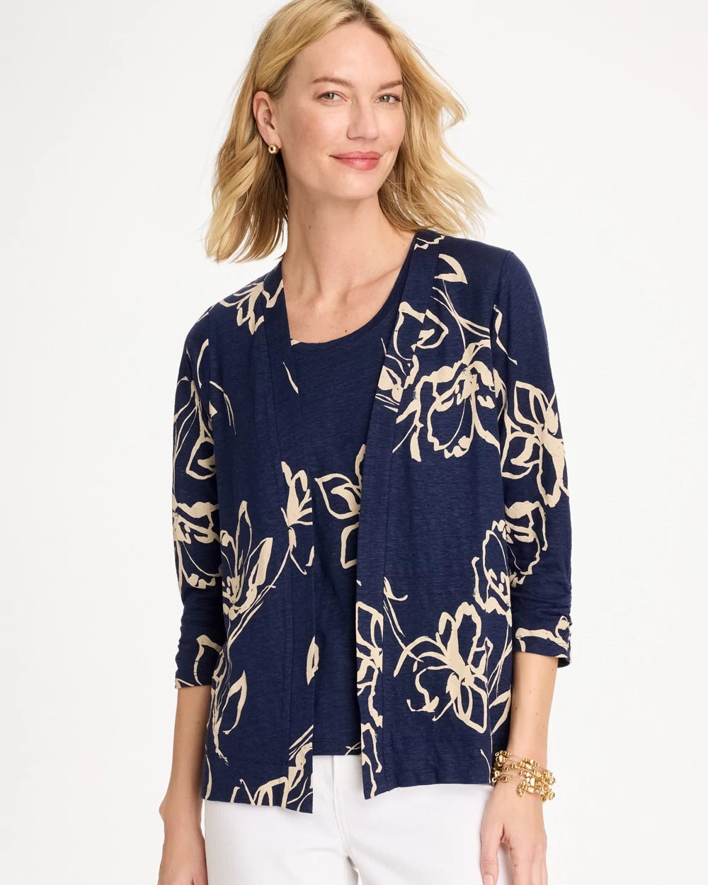 Chico's | Floral Linen Open Front Cardigan/ Passport Blue
