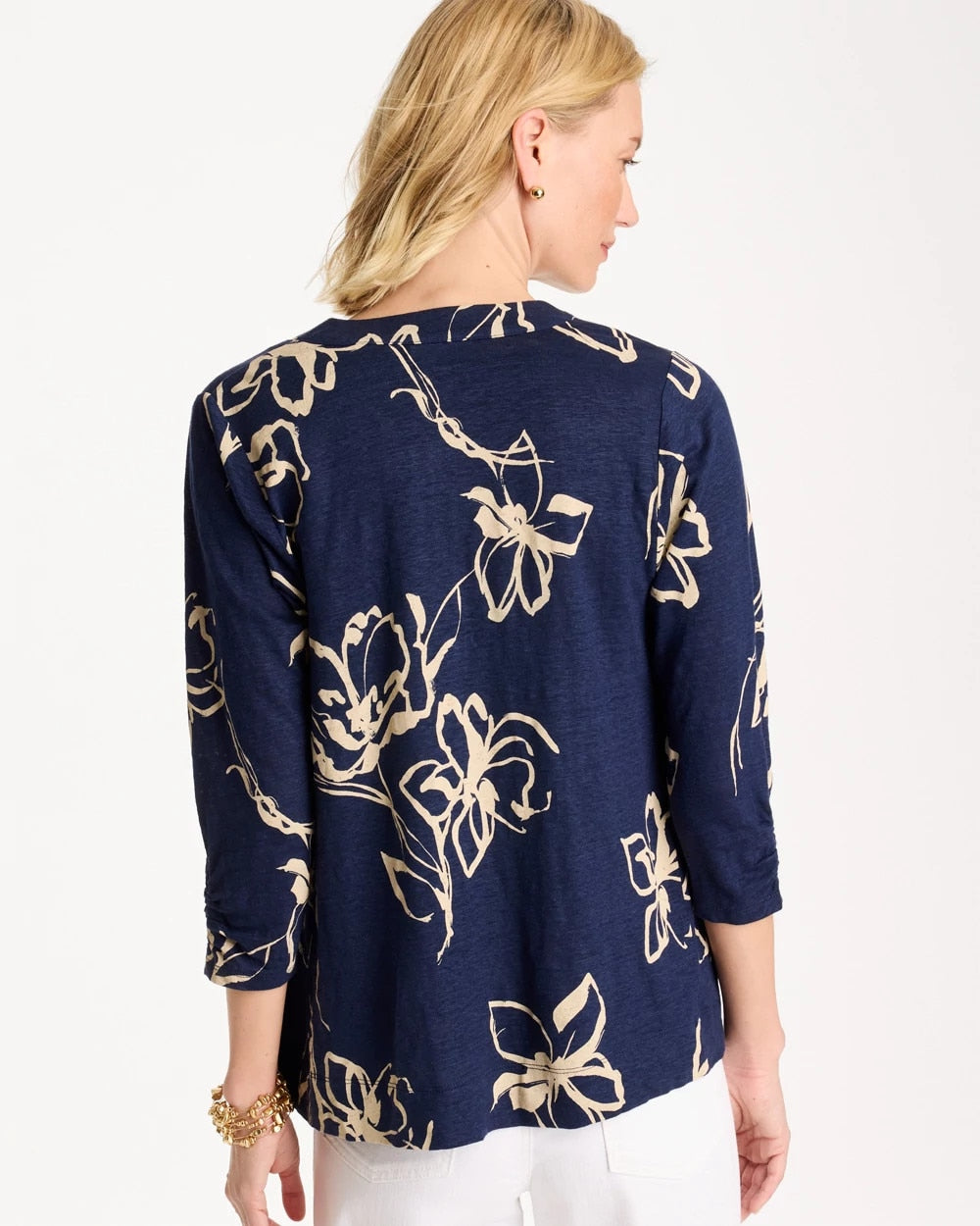 Chico's | Floral Linen Open Front Cardigan/ Passport Blue