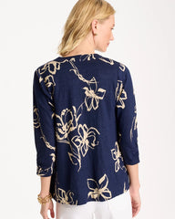 Chico's | Floral Linen Open Front Cardigan/ Passport Blue