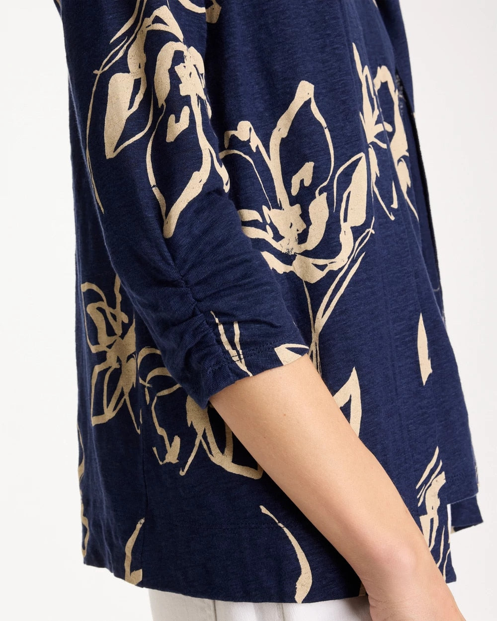 Chico's | Floral Linen Open Front Cardigan/ Passport Blue