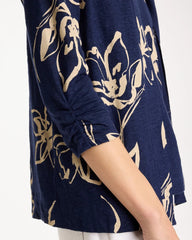 Chico's | Floral Linen Open Front Cardigan/ Passport Blue
