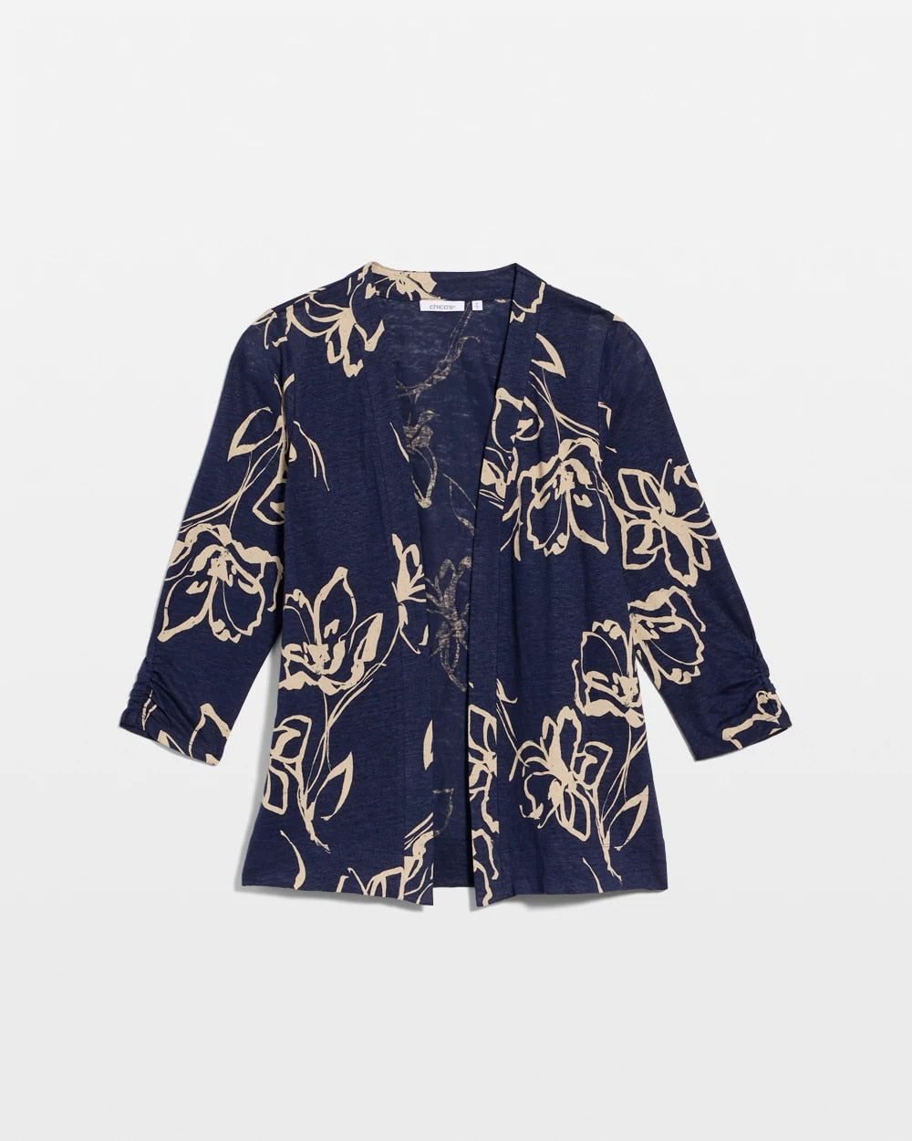 Chico's | Floral Linen Open Front Cardigan/ Passport Blue