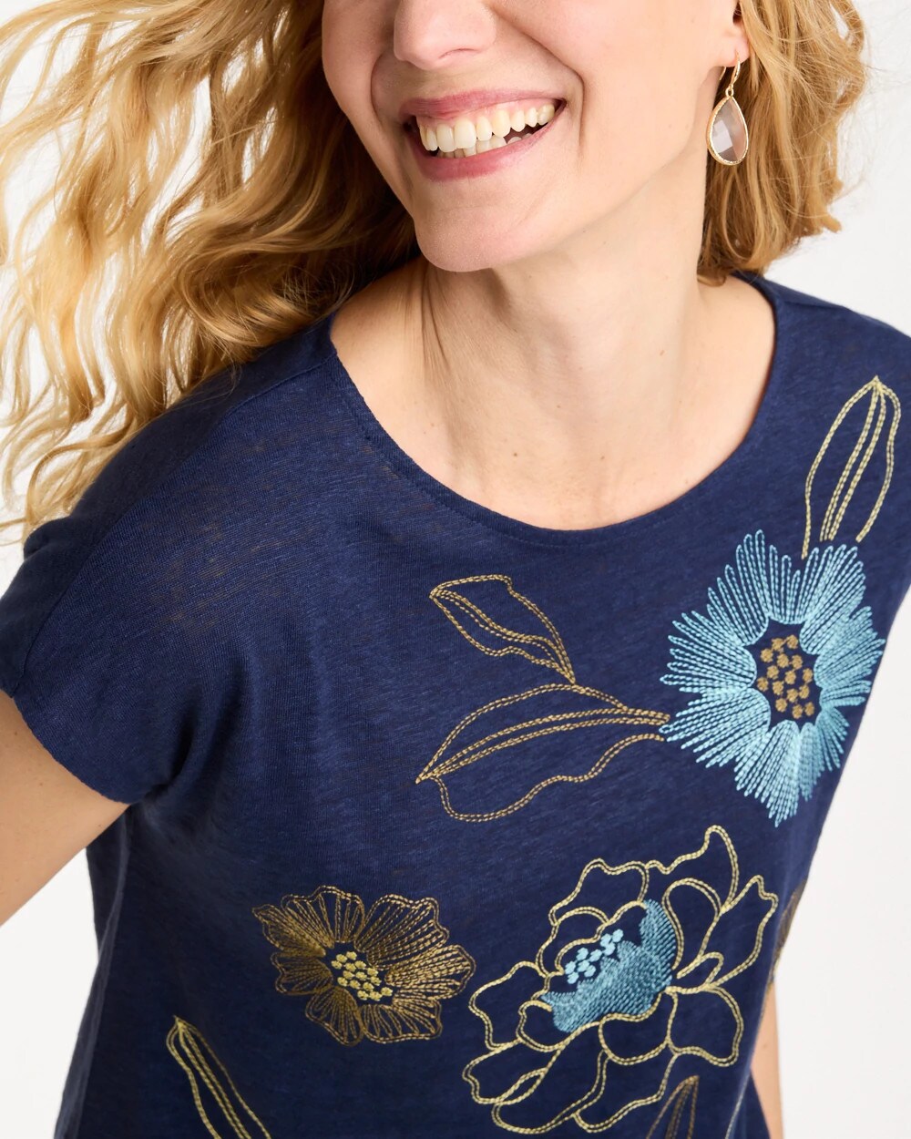 Chico's | Embroidered Linen Dolman Tee/ Passport Blue