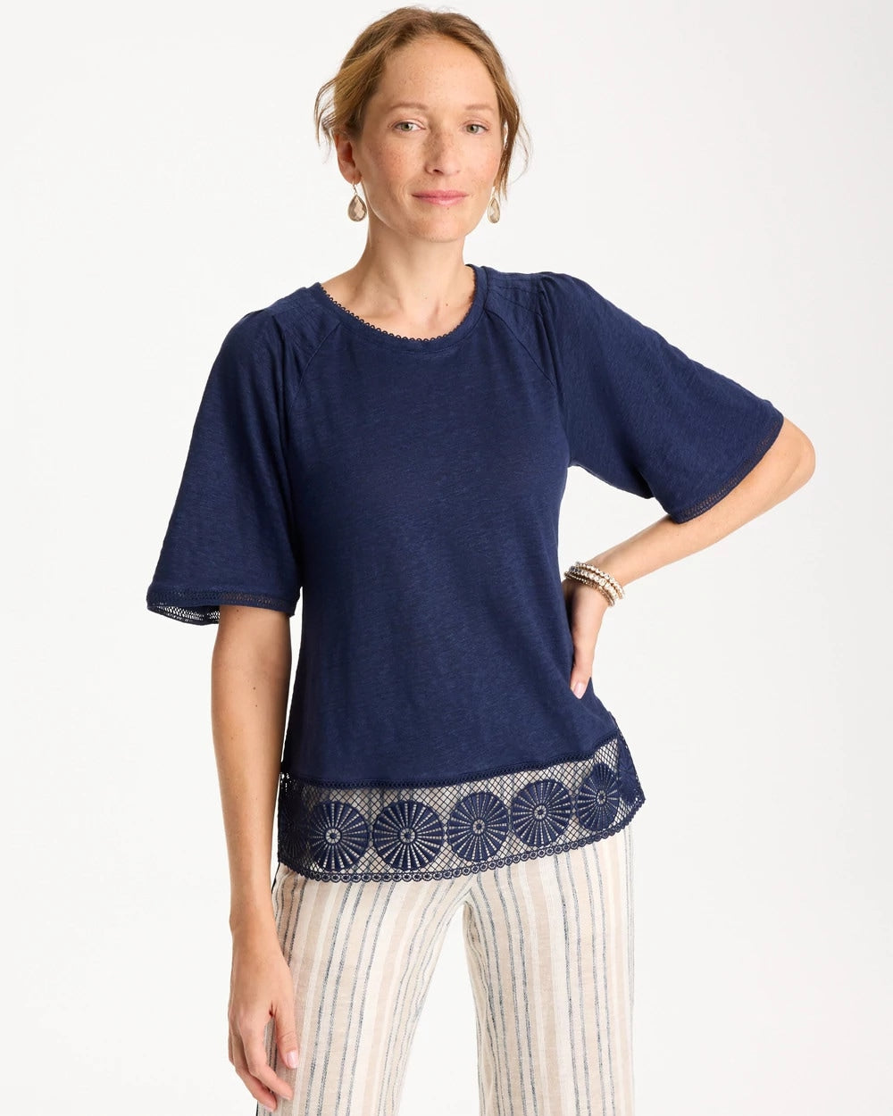 Chico's | Linen Crochet Tee/ Passport Blue