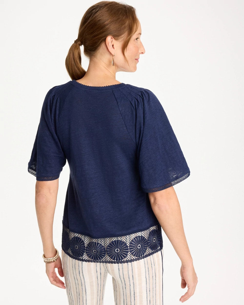 Chico's | Linen Crochet Tee/ Passport Blue