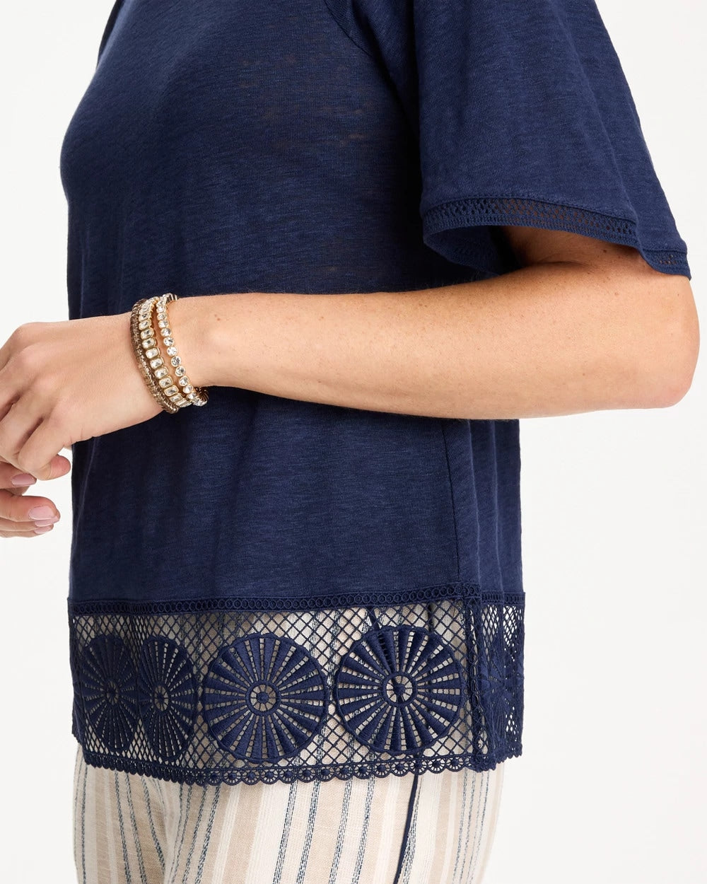 Chico's | Linen Crochet Tee/ Passport Blue