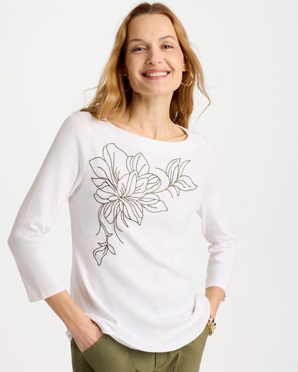 Chico's | Embroidered Pima 3/4 Sleeve Tee/ Alabaster
