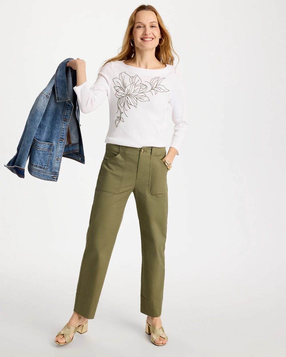 Chico's | Embroidered Pima 3/4 Sleeve Tee/ Alabaster