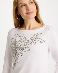 Chico's | Embroidered Pima 3/4 Sleeve Tee/ Alabaster