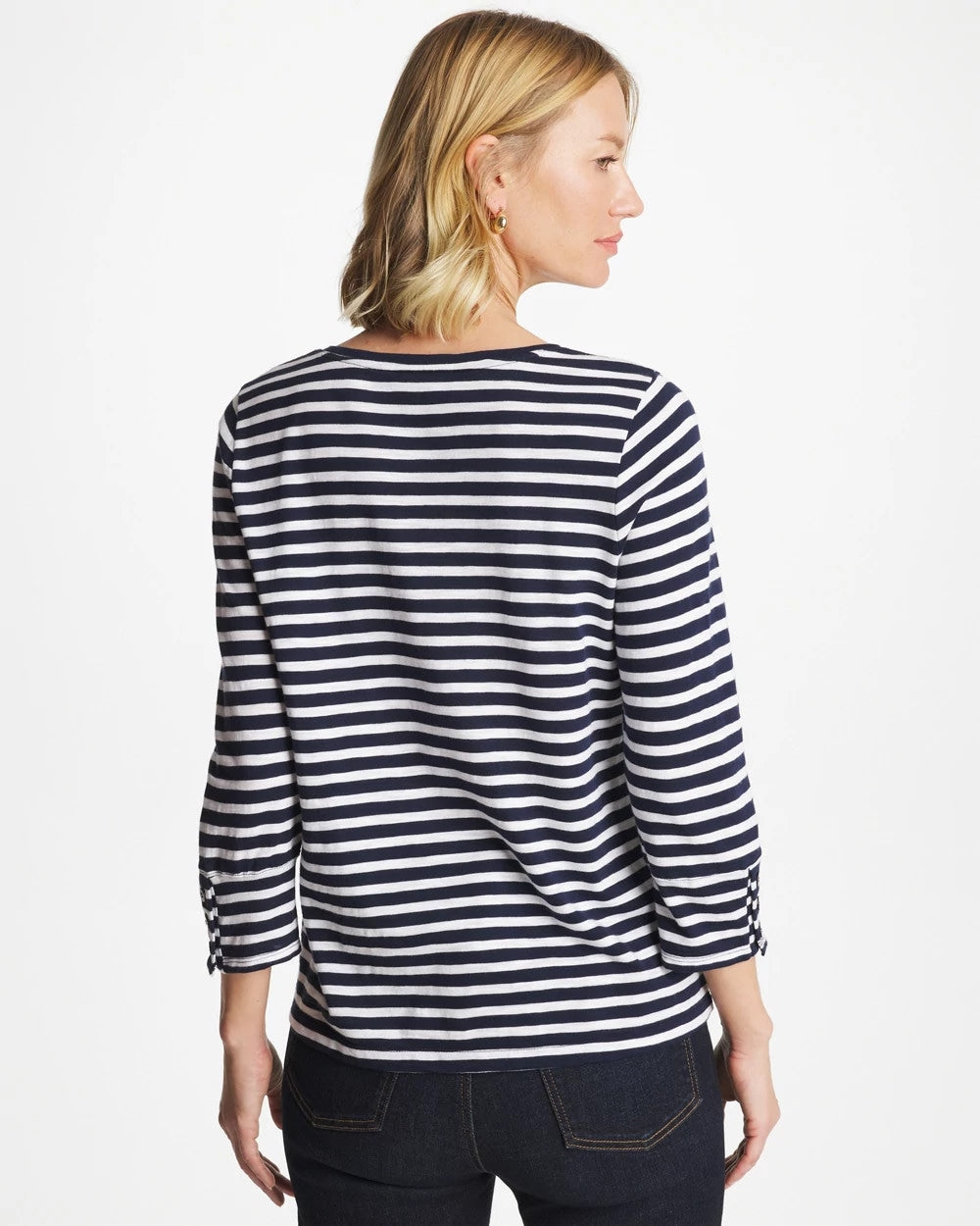 Chico's | Striped Cotton Slub 3/4 Sleeve Button Tee/ Passport Blue