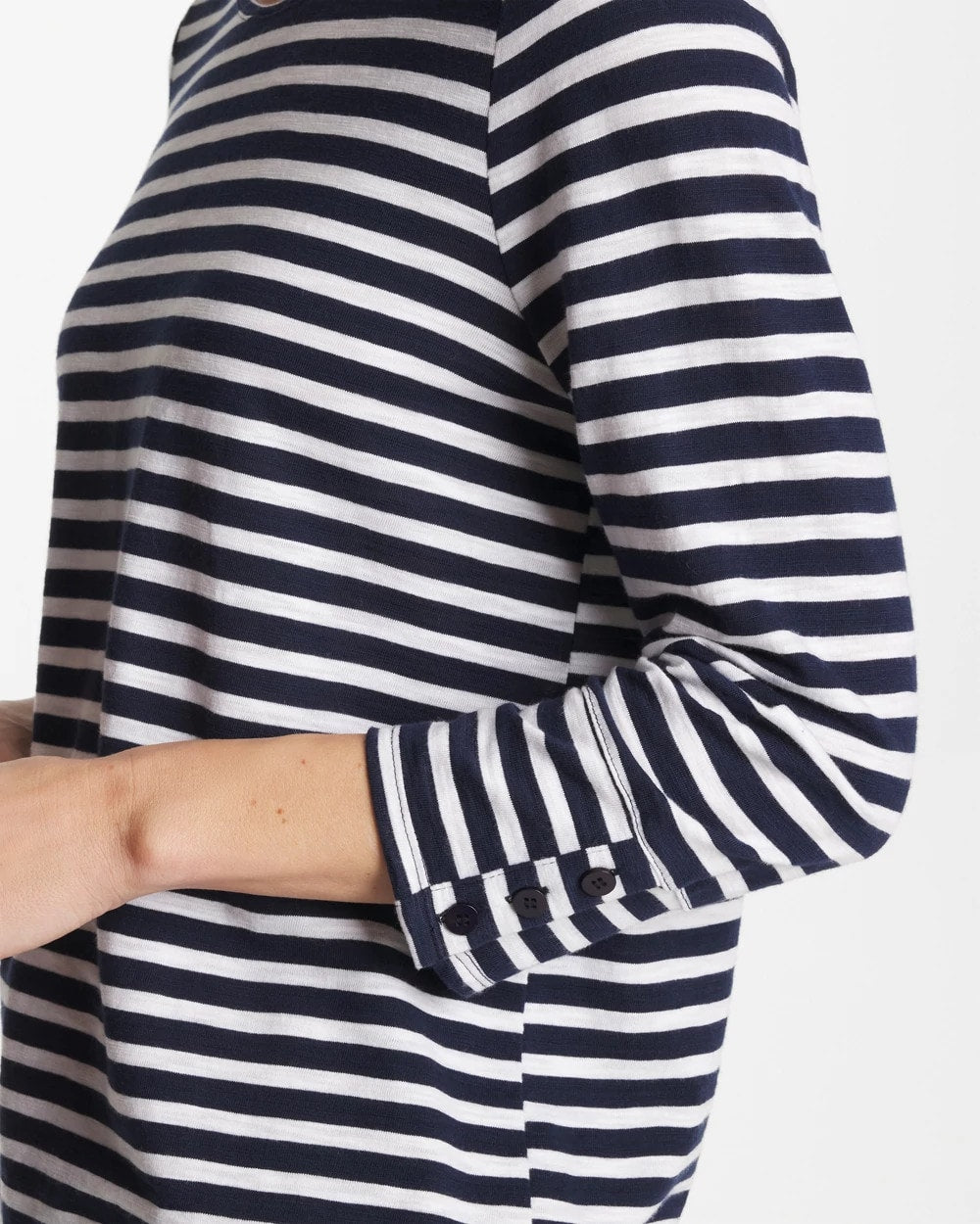 Chico's | Striped Cotton Slub 3/4 Sleeve Button Tee/ Passport Blue