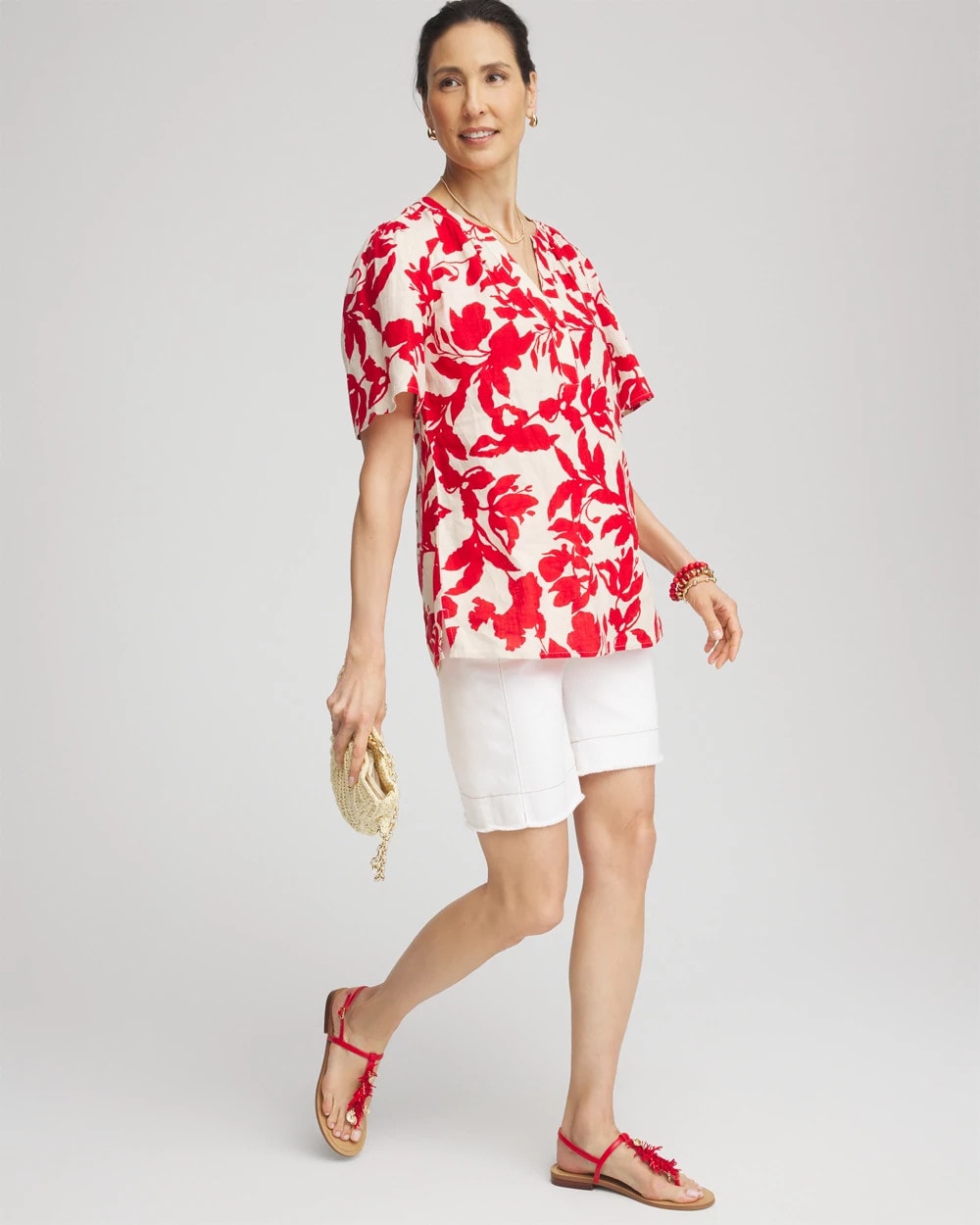 Chico's | Floral Linen Popover Shirt/ Red Glow