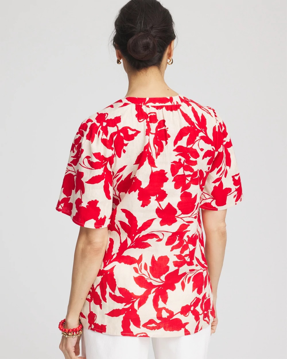 Chico's | Floral Linen Popover Shirt/ Red Glow